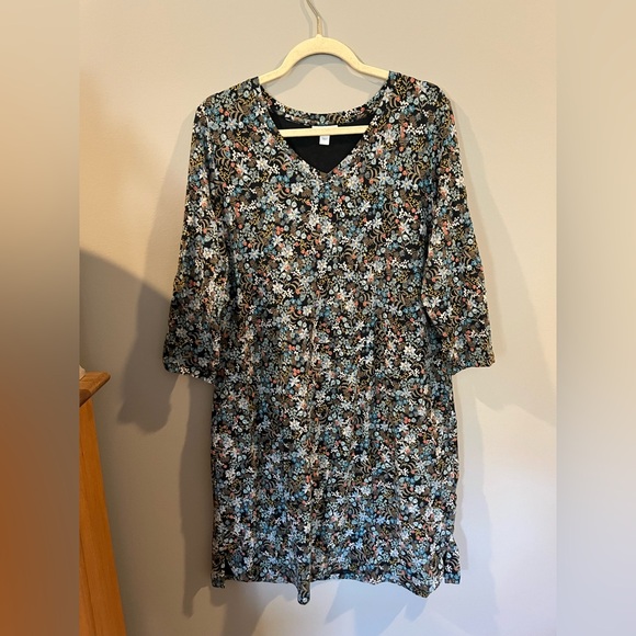 J. Jill Dresses & Skirts - J. Jill Black Floral V-Neck Long Sleeve Dress with Blue and Pink Accents